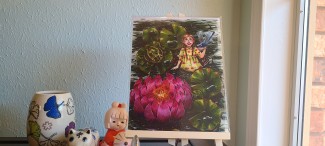 Waterlily, frog, and girl